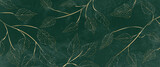 Fototapeta Boho - Luxury watercolor background with golden branches and leaves in line art style. Botanical abstract green wallpaper for banner design, textile, print, decor.