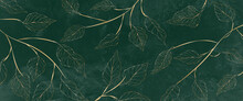 Luxury Watercolor Background With Golden Branches And Leaves In Line Art Style. Botanical Abstract Green Wallpaper For Banner Design, Textile, Print, Decor.