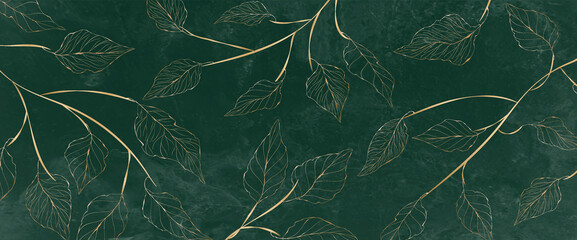 Sticker - Luxury watercolor background with golden branches and leaves in line art style. Botanical abstract green wallpaper for banner design, textile, print, decor.