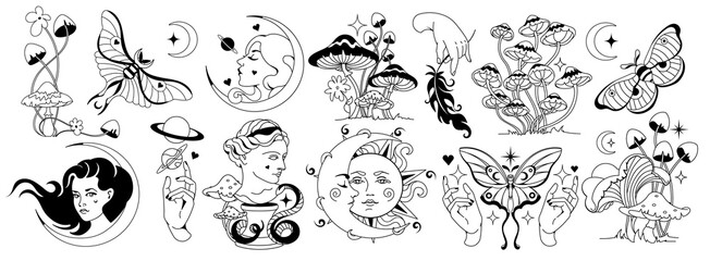 set of monochrome magic and celestial symbols. mystical silhouette signs, prints, stickers. vector g