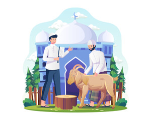 Wall Mural - People are slaughtering goats as sacrificial livestock animals. men are holding a goat for Qurban. People celebrate Eid al-Adha. Vector illustration in flat style