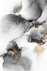 Wall Mural - Black gold abstract background of marble liquid ink art painting on paper . Image of original artwork watercolor alcohol ink paint on high quality paper texture .