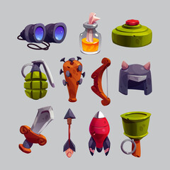 Military game icons cartoon vector set. Isolated war weapon collection, mine and hand lemon grenade, binoculars and sword, incendiary mixture in bottle, horned helmet and spiked mace, rocket bomb