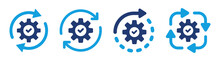 Development Icon Vector Set. Gear Symbol Rotate With Arrow And Check Mark Sign For Operation, Production And Capacity Concept.