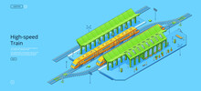 High-speed Train Banner With Isometric Railway Station, Express And Empty Platform. Vector Landing Page With Modern Fast Passenger Train On Rail Track And Terminal Building
