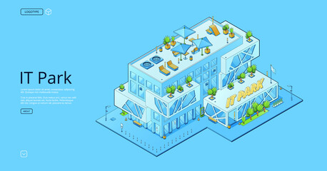 IT park banner with isometric modern business office building. Vector landing page of technopark, workplace for engineers and programmers teamwork for software and technologies development