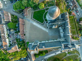 Wall Mural - Aerial top down groundplan view of Chateaudun  castle in Eure-et-Loire in France with imposing circular keep, Gothic high chapel, Renaissance residential palace and bell tower perched on a limestone o