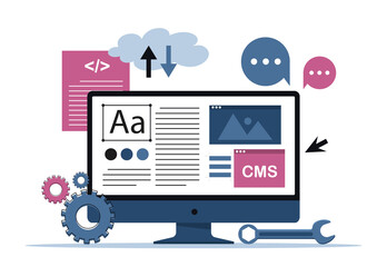 Wall Mural - Content management system, CMS. Modern technologies and website promotion on Internet. Application for analyzing statistics and user behavior. Online marketing. Cartoon flat vector illustration