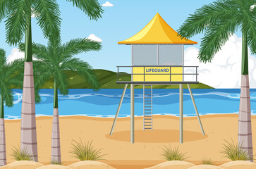 Sticker - Beach scene with lifeguard tower