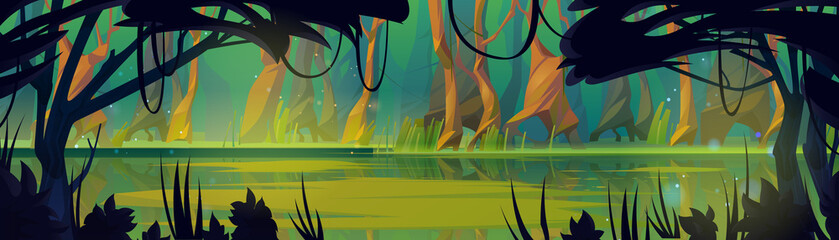 Swamp with green water in deep forest. Nature landscape with marsh in wood. Panoramic game background, fantasy scene with lianas on trees, wild pond covered with ooze, Cartoon vector illustration