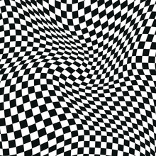 Distorted Checkered Seamless Pattern Design. Abstract Optical Illusion Of Black And White Geometric Pattern, Psychedelic, Hypnotic, Hypnotised Chess Board Art With Optical Art As Background Pattern