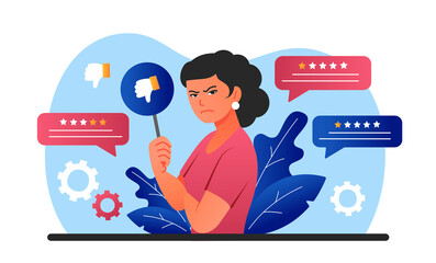 Wall Mural - bad review concept. angry girl points down with share, unsatisfied client poorly appreciated product