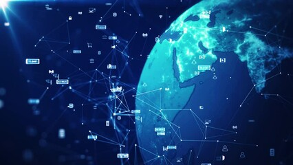 Poster - concept of global internet network connection technology. The world on the right has a binary code polygon and slow moving small icons on a dark blue background. Cybersecurity and Internet of Things.