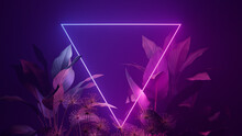 Futuristic Background Design. Tropical Plants With Pink And Blue, Triangle Shaped Neon Frame.