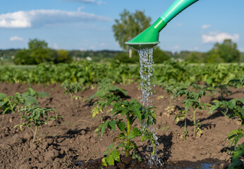 a plastic watering can pours water on the tomato beds. close-up of a tomato patch being watered from