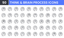 Thinking Head And Brain Human Process Vector Line Icon Set. Contains Linear Outline Icons Like Mental Health, Creative Process, Mind, Psychology, Knowledge, Idea, Question.Editable Use And Stroke.