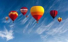 Colorful Hot Air Balloon Fly Over The Blue Sky, Panorama Blue Sky And Clouds, Hot Air Balloon Over Blue Sky And White Clouds