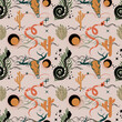 © mila_okie - Bohemian hand-drawn seamless pattern with buffalo skull, snakes, desert and cactus. Arizona and wild west style.