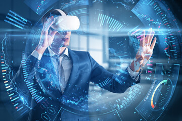 Wall Mural - Stock market, trading and metaverse investing concept with young businessman wearing VR headset, analyzing digital VR financial chart interface, double exposure