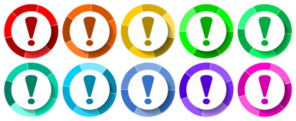 Fototapete - Warning icon set, exclamation sign flat design vector illustration in 10 colors options for mobile applications and webdesign