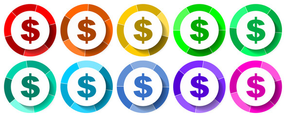 Aufkleber - Dollar icon set, business flat design vector illustration in 10 colors options for mobile applications and webdesign
