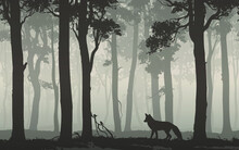 Vector Background With Fox And Birds In The Forest. The Illustration Is Seamless Horizontally.