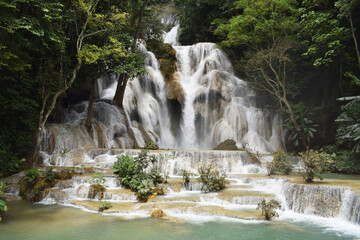  Tat Kuang Si Waterfalls is one of the waterfalls. Located about 32 kilometers from Luang Prabang, Laos, it is known as the most beautiful waterfall of Luang Prabang. Laos PDR 