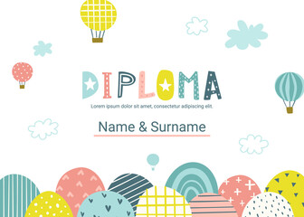 Wall Mural - cute diploma template with abstract hills and hot air balloons. certificate vector design for childr