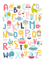 Wall Mural - scandinavian english alphabet for kids. cartoon abc poster for nursery with cute abstract art.