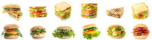 Set Of Different Sandwiches And Burgers Isolated On White