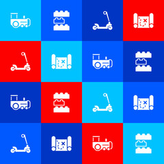 Poster - Set Toy train, building block bricks, Roller scooter and Pirate treasure map icon. Vector