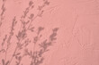 Shadow of leaves on pink concrete wall texture with roughness and irregularities. Abstract trendy colored nature concept background. Copy space for text overlay, poster mockup flat lay 