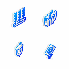 Sticker - Set Isometric line Plant in hand, Wheat, Acorn, oak nut, seed and Pack full of seeds of plant icon. Vector