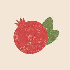 Wall Mural - Pomegranate with leaves, textured scratched flat style illustration on nude background