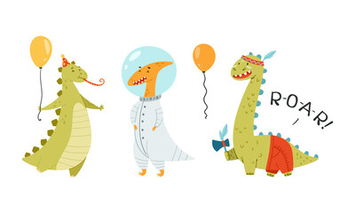 Canvas Print - Dino party. Cute funny dinosaurs dressed carnival masquerade costumes cartoon vector illustration