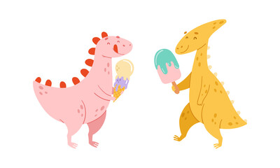 Sticker - Two cute little dinosaurs enjoying of eating ice cream cartoon vector illustration