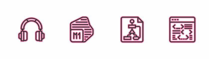 Set line Headphones, Flowchart, Processor and Software icon. Vector
