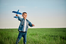 Boy Playing With Model On Airplane In Meadow