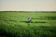 Playful Boy With Pinwheel Toy Walking In Grassy Field