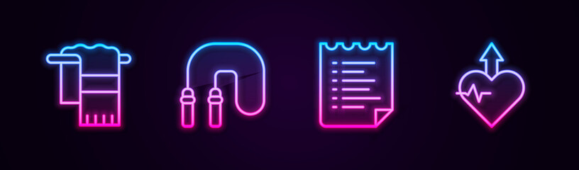 Canvas Print - Set line Towel on hanger, Jump rope, Sport training program and Heartbeat increase. Glowing neon icon. Vector