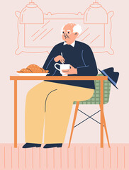 Wall Mural - Cute elderly man drinking coffee or tea and eating croissant, cafe interior - flat vector illustration.