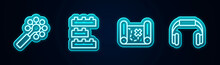 Set Line Rattle Baby Toy, Toy Building Block Bricks, Pirate Treasure Map And Headphones. Glowing Neon Icon. Vector