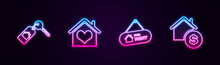 Set Line House With Key, Heart Shape, Hanging Sign For Rent And Dollar. Glowing Neon Icon. Vector