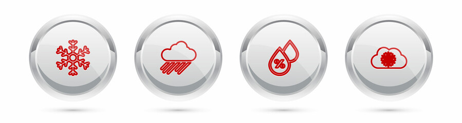 Poster - Set line Snowflake, Cloud with rain, Water drop percentage and snow. Silver circle button. Vector