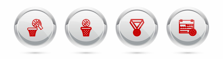 Set line Basketball ball and basket, , medal and on sport calendar. Silver circle button. Vector