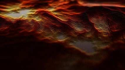 Fototapete - Red dynamic particles wave. Embossed mesh representing internet connections, cloud computing and neural networks. Data flow. Technology background. 3d rendering.