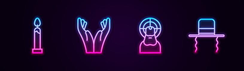 Sticker - Set line Burning candle, Hands praying position, Jesus Christ and Orthodox jewish hat with sidelocks. Glowing neon icon. Vector