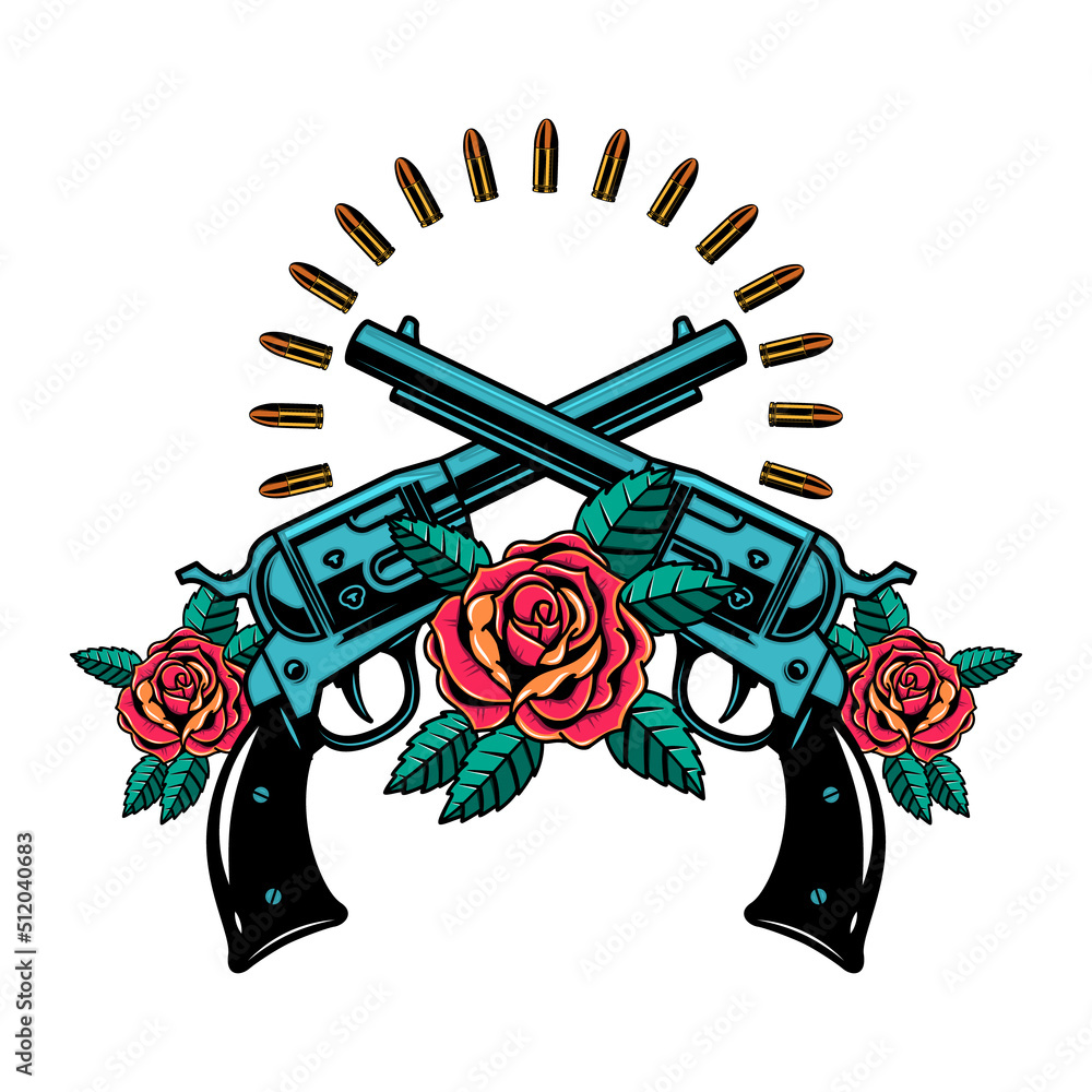 Crossed guns with roses. Design element for poster, card, banner ...
