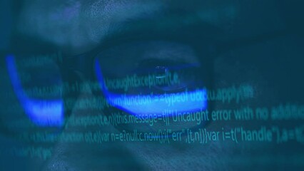 Engineer working on computer code lines reflected in glasses Developers are working on innovative apps and security protection using Big Data AI.Stylish Macro Shot of Eye, Lens.