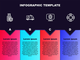 Wall Mural - Set line Travel suitcase with shield, Emergency car, Location and Lifebuoy. Business infographic template. Vector
